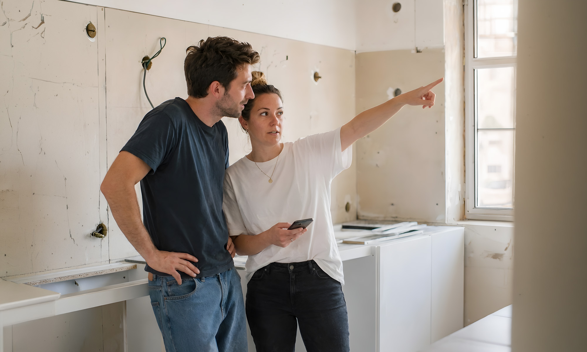 Par planerar renovering i kök och diskuterar lösningar, medan kvinnan pekar mot ett område i rummet.